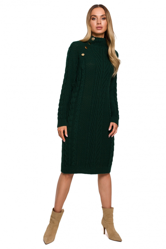 Sukienka Midi - Swetrowa Z Półgolfem Długi Rękaw - zielona
